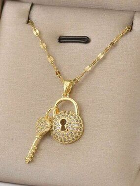 Gold Plated Stainless Steel Lock & Key Pendant Necklace